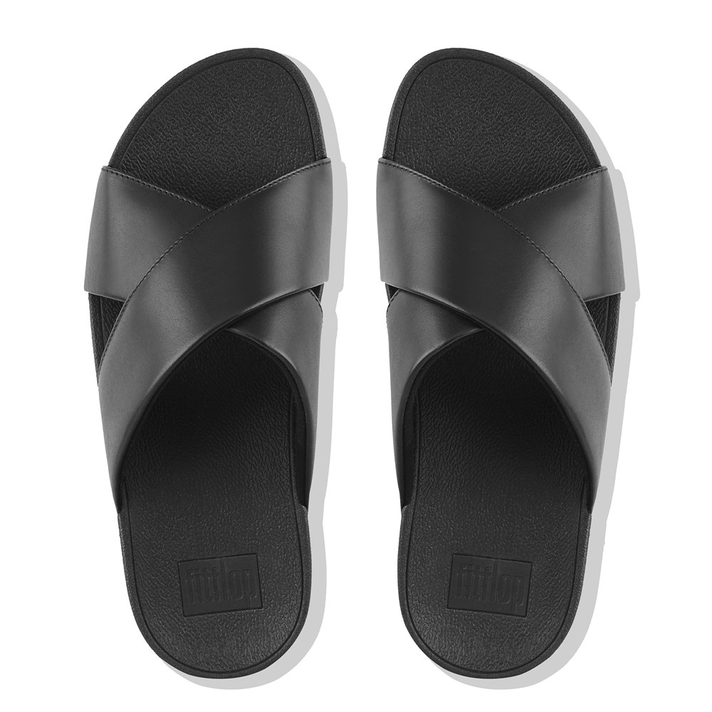 Fitflop Womens Slides Black - Lulu Leather Cross - 63UOQENZR